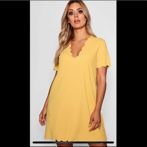 Mustard scallop edge v-neck shift dress